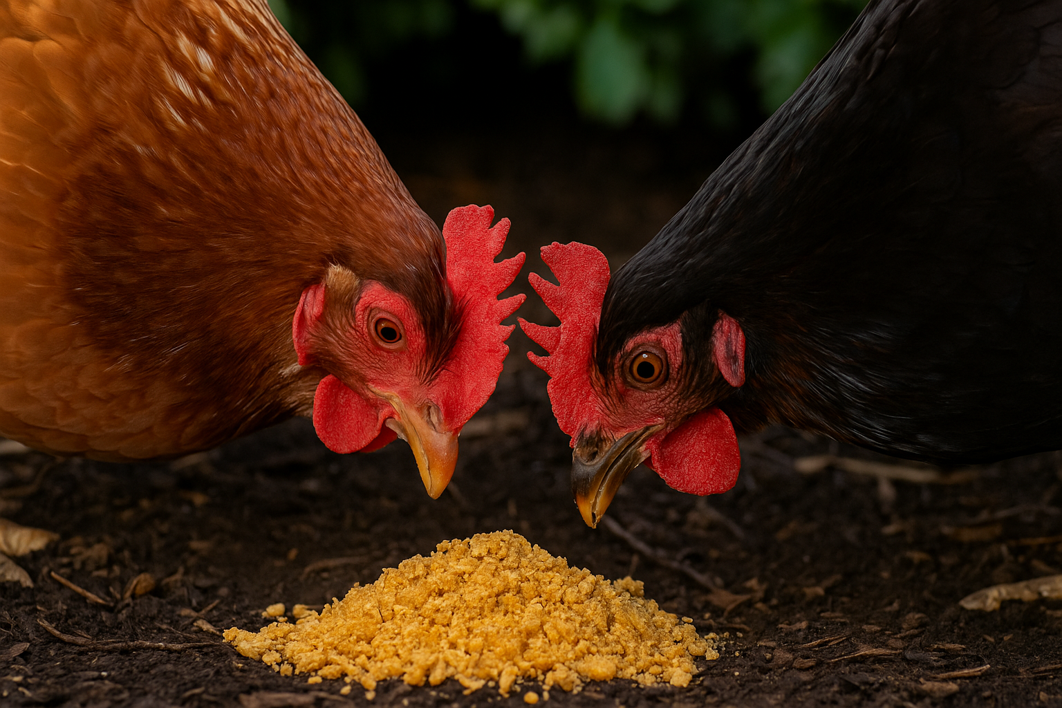 Two chickens pecking at beef on the ground